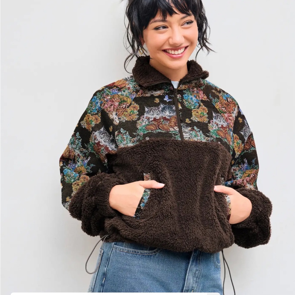 Brown tapestry cat pullover quarter zip fleece